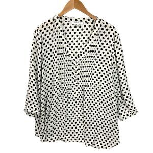Rose & Olive Blouse 2X Ivory Black Polka Dot 3/4 Sleeve Pleated V- Neck